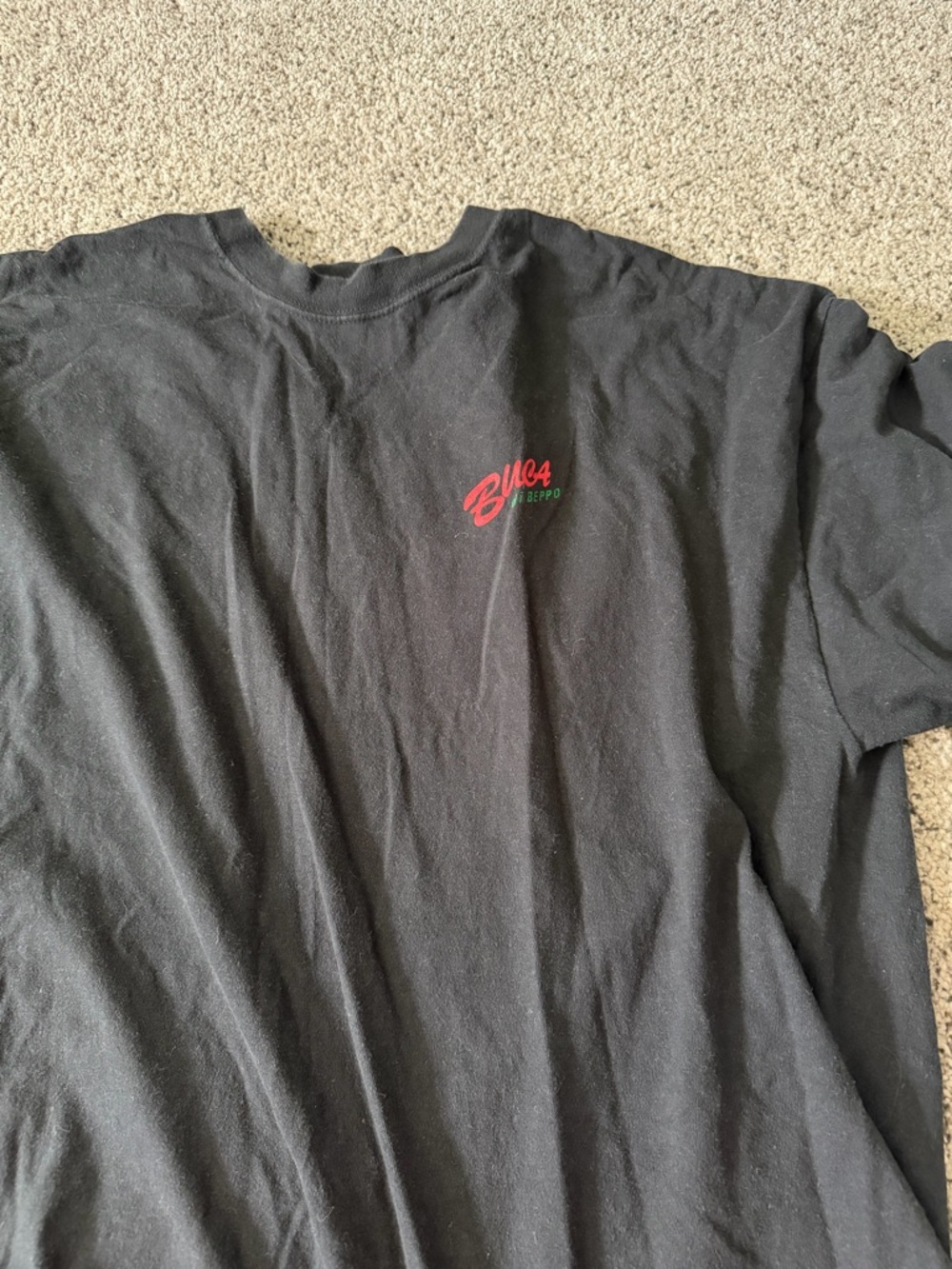 Hanes Black Short Sleeve Tee with Small Red & Green Script Logo